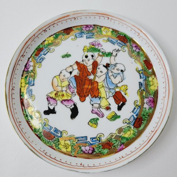 Small Hand Painted Chinese Tea Ceremony Set Gold Trim Male Figures Bright Flower - Picture 3 of 13